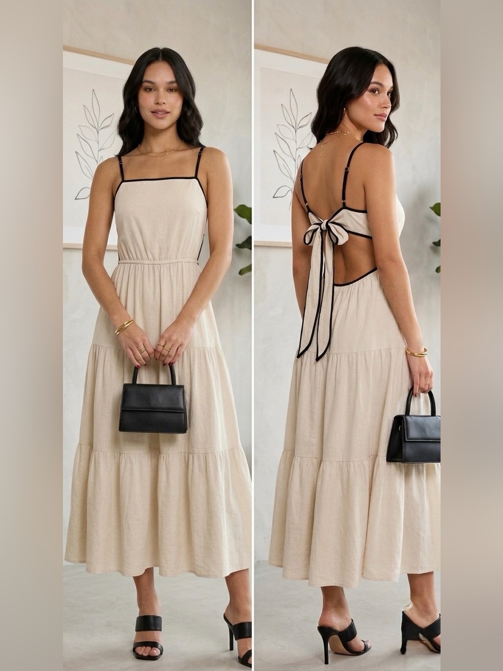Blu Pepper Hazel Khaki Midi Dress NWT Boho Tiered Open Back Tie Cream Large